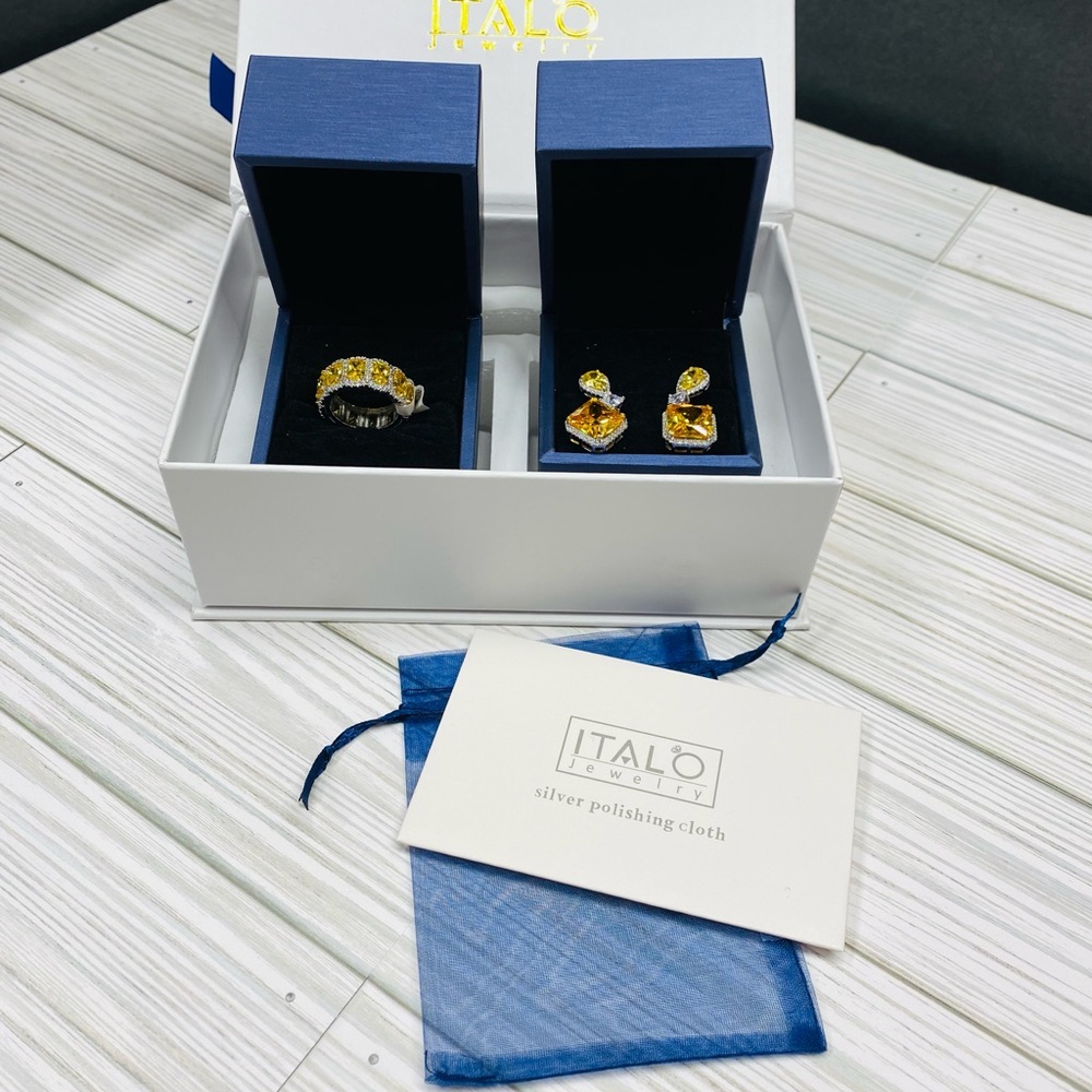 NWT ITALO Yellow Golden Prong Cushion Cut Wedding Band With Matching Earrings